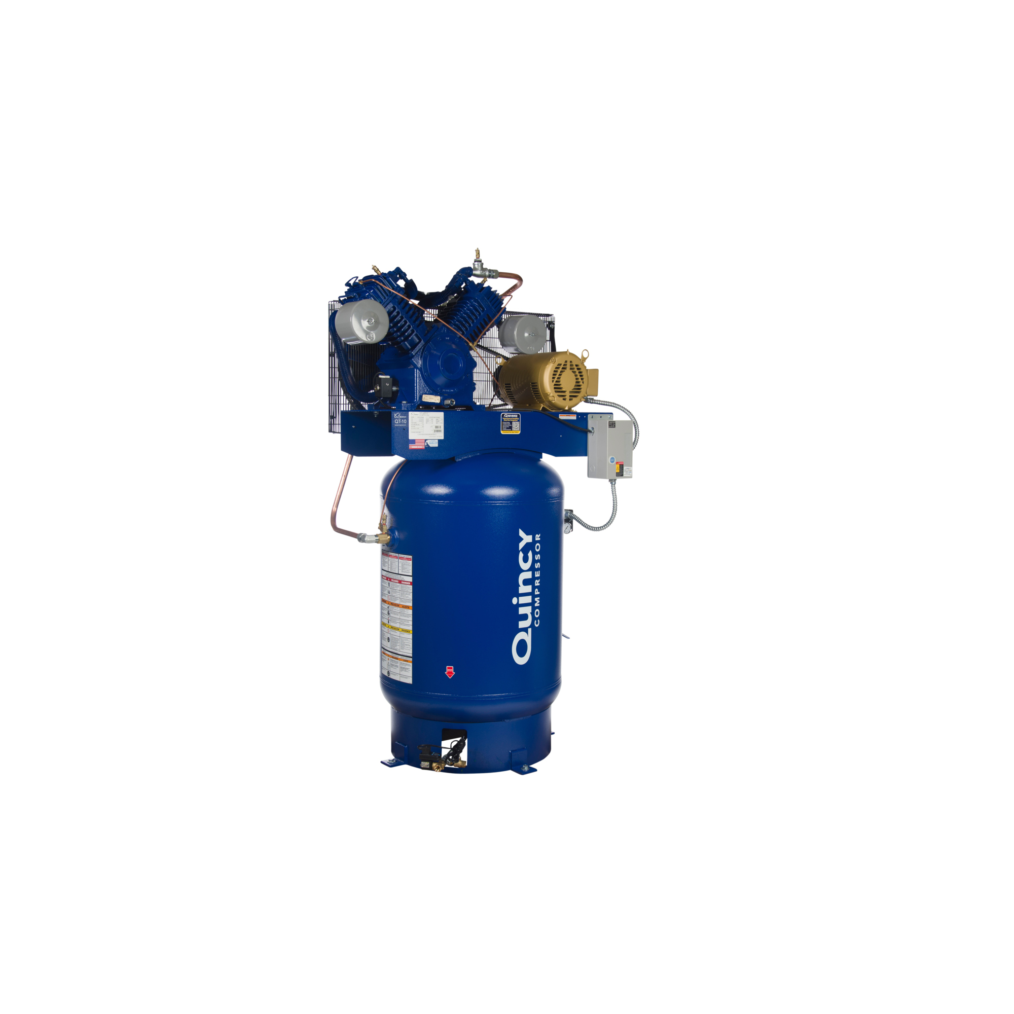 Quincy Compressor, QP 10H 120G 2S Air Compressor 200V 3ph V MAX, Horsepower 10 HP, Air Tank Size 120 Gal, Volts 200 Model# 5103D12VCA20M